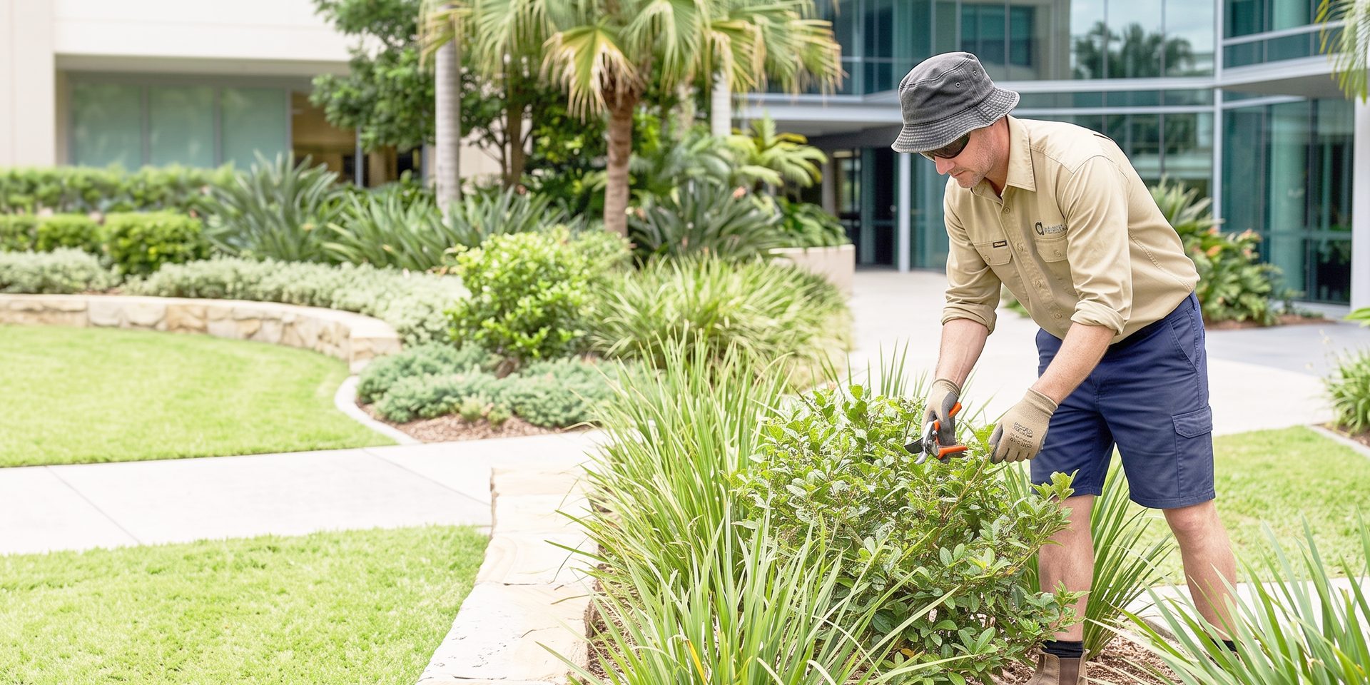 Advanced Landscaping team member pruning garden beds at a commercial property