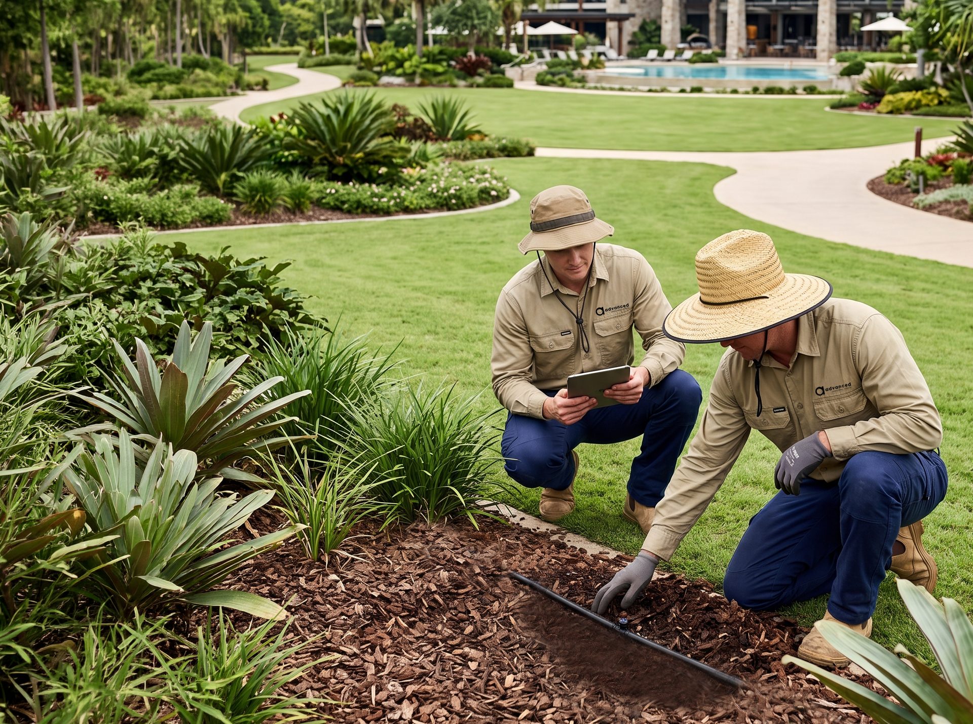 Advanced Landscaping team members inspecting a garden bed and recording site notes during a scheduled maintenance visit